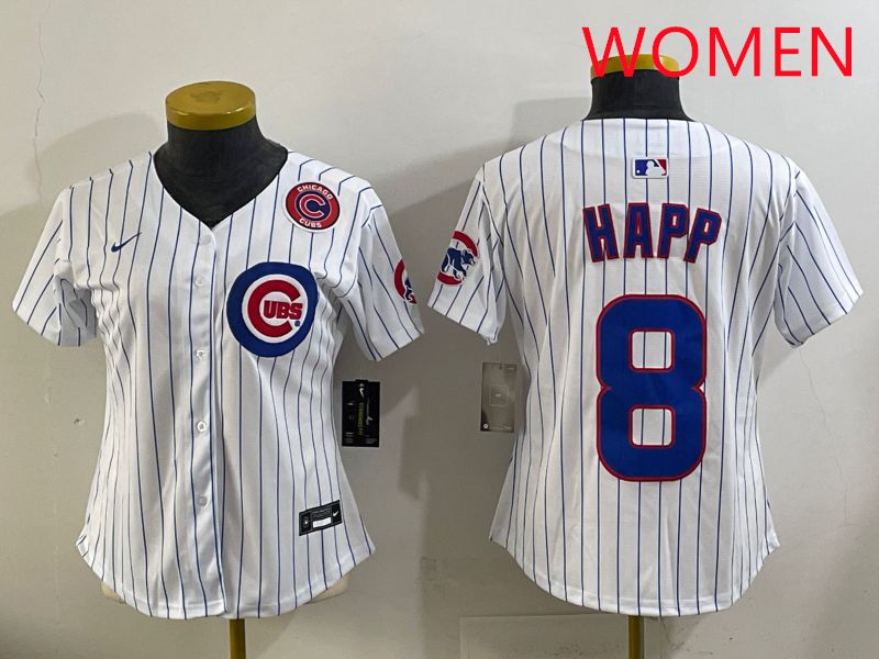 Women 2025 Chicago Cubs #8 Happ White Stripe Game Nike MLB Jersey style 6